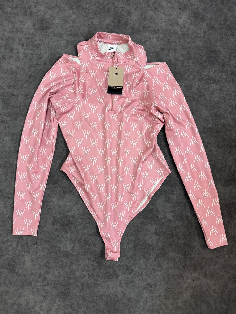 Women Serena Williams Nike Design Crew long cutout sleeve body suit pink logo XL